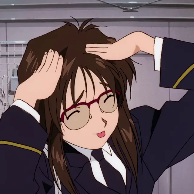 A screencap of Yoriko Nikaido from the anime series "You're Under Arrest" putting her hands on her head while sticking her tongue out while saying "Ah, eto... bleh" ("Ah, well... bleh").